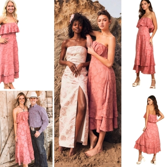 Lulu's Women's Pink Burnout Floral Strapless Bohemian Boho Midi Dress. Size M - Picture 11 of 11